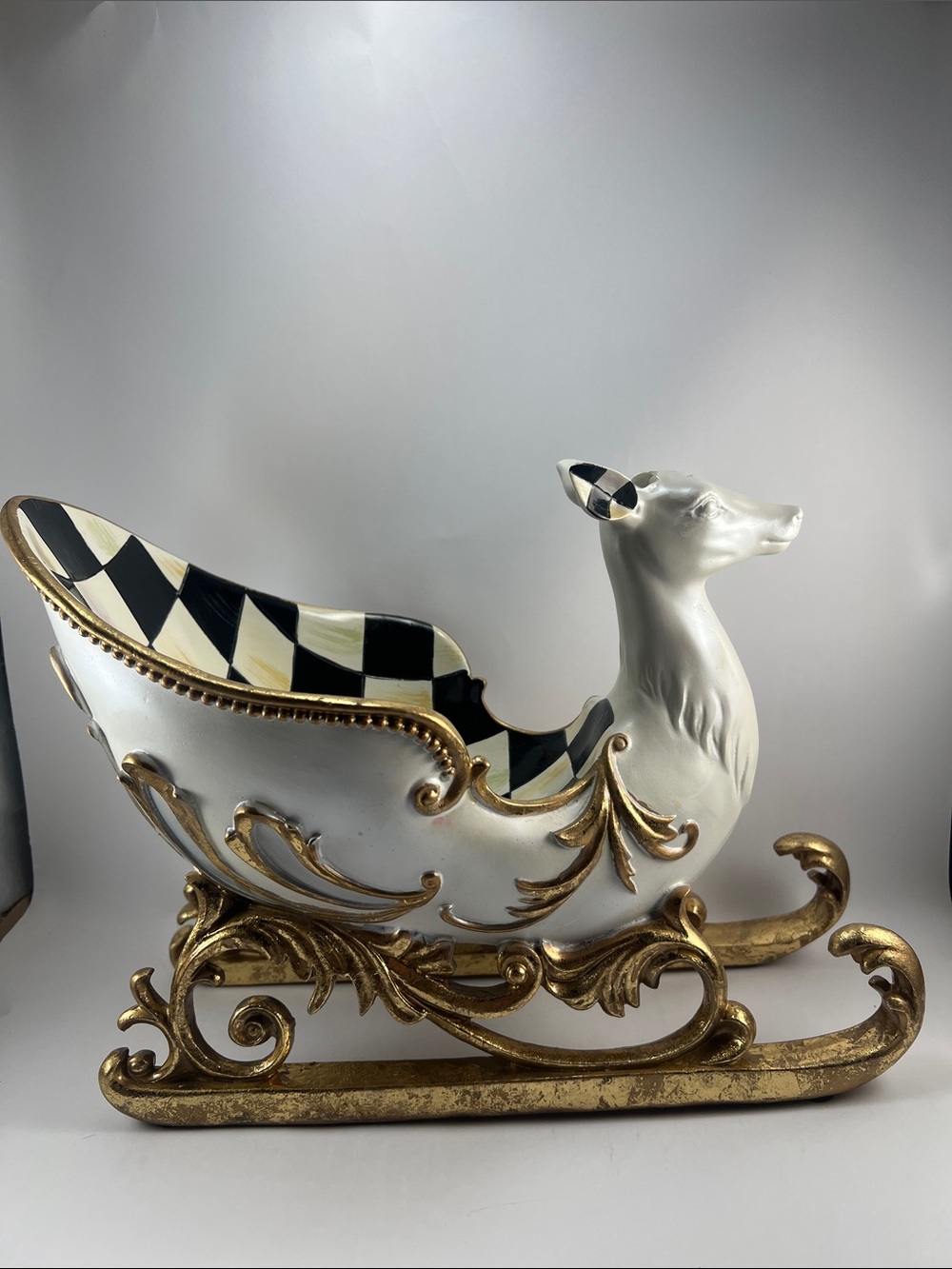 Decorative White and Gold Reindeer Sleigh Planter * Missing antlers*